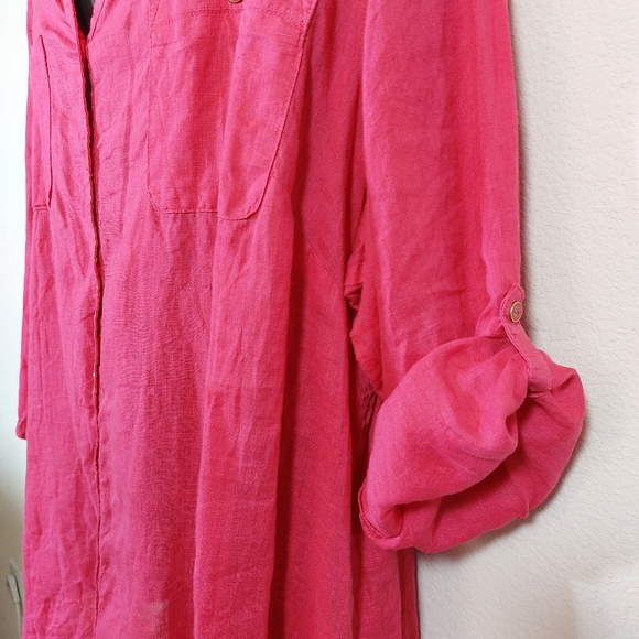 100% Linen Long, Roll Up Sleeves Hot Pink Plus Size Shirt size XXL - Picture 4 of 10